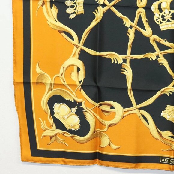 HERMES Carre 90 Scarf Crown Silk Yellow Auth am8845 - Picture 5 of 12